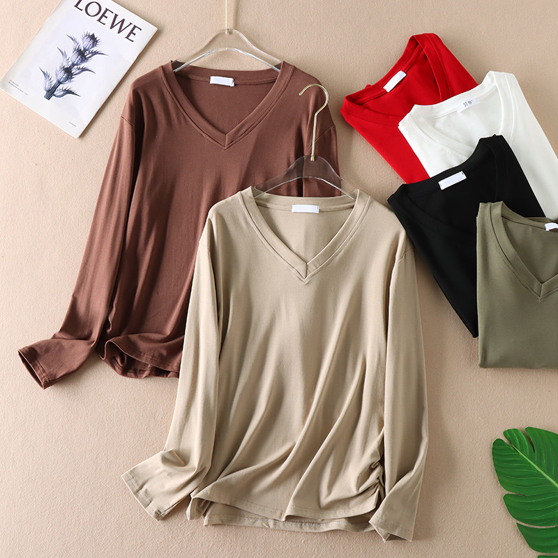 秋装显瘦V领宽松大版型长袖T恤女装褶皱纯色百搭打底上衣 W2269,女装/女士精品,T恤,淘宝优惠券,粉丝福利购,淘宝优惠卷
