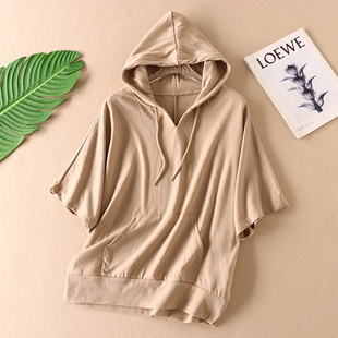 休闲上衣 外贸原单 五分袖 宽松连帽棉质T恤女式 WC517 日系蝙蝠袖