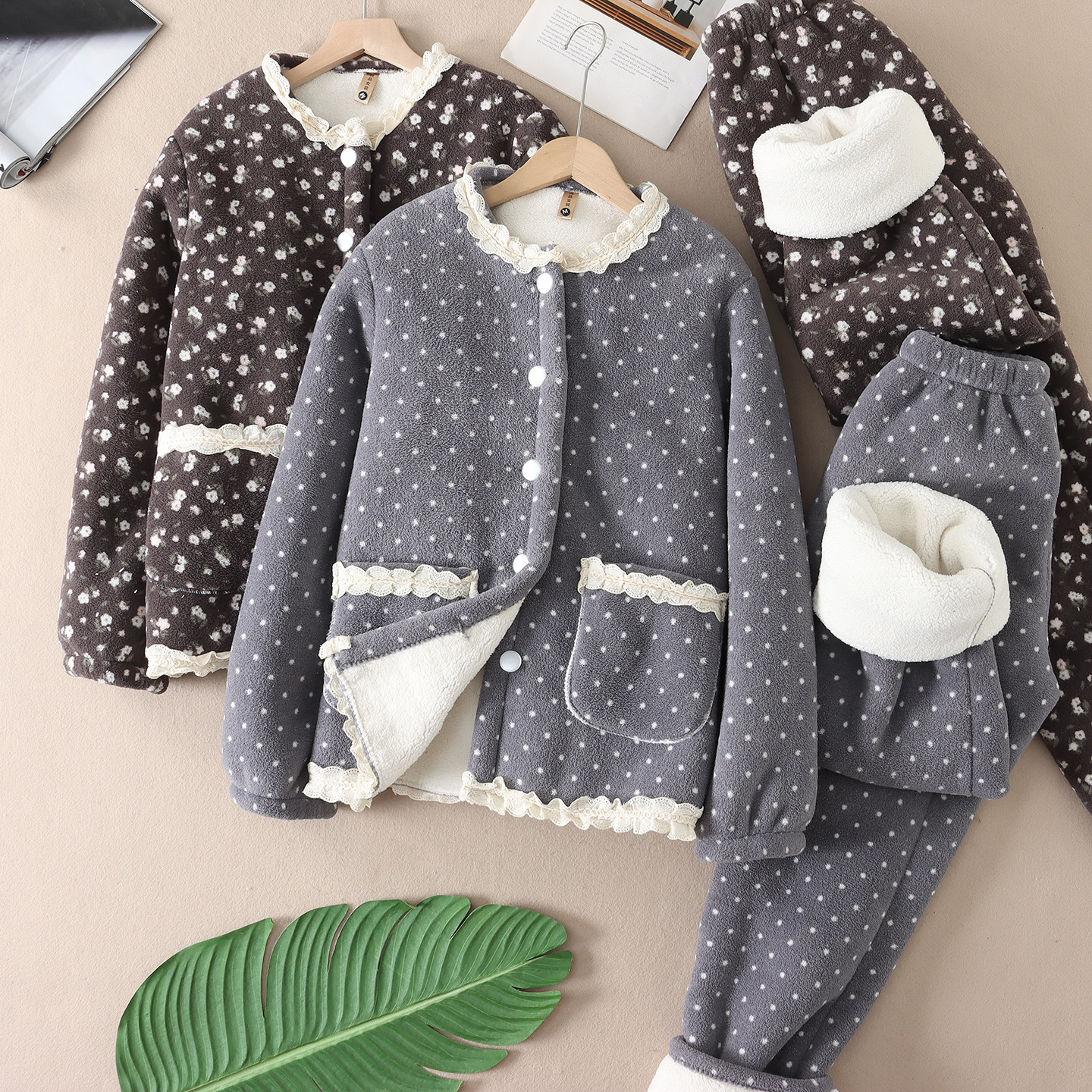 发热羊羔绒零下加厚两件套睡衣女