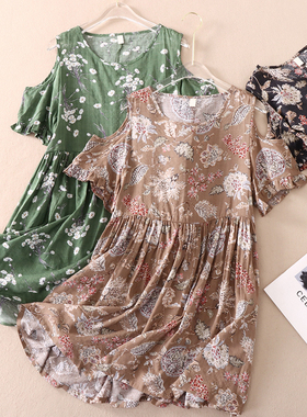 清新碎花高腰露肩复古田园风棉麻连衣裙女宽松夏百褶裙子薄 B837