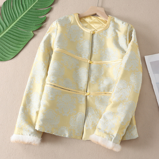 棉衣外套B431 时尚 奢华贵气新中式 鎏金提花薄棉服女圆领气质毛毛袖