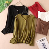 B824 V领弹力上衣 显瘦螺纹棉单排扣长袖 T恤女百搭基础纯色秋新款