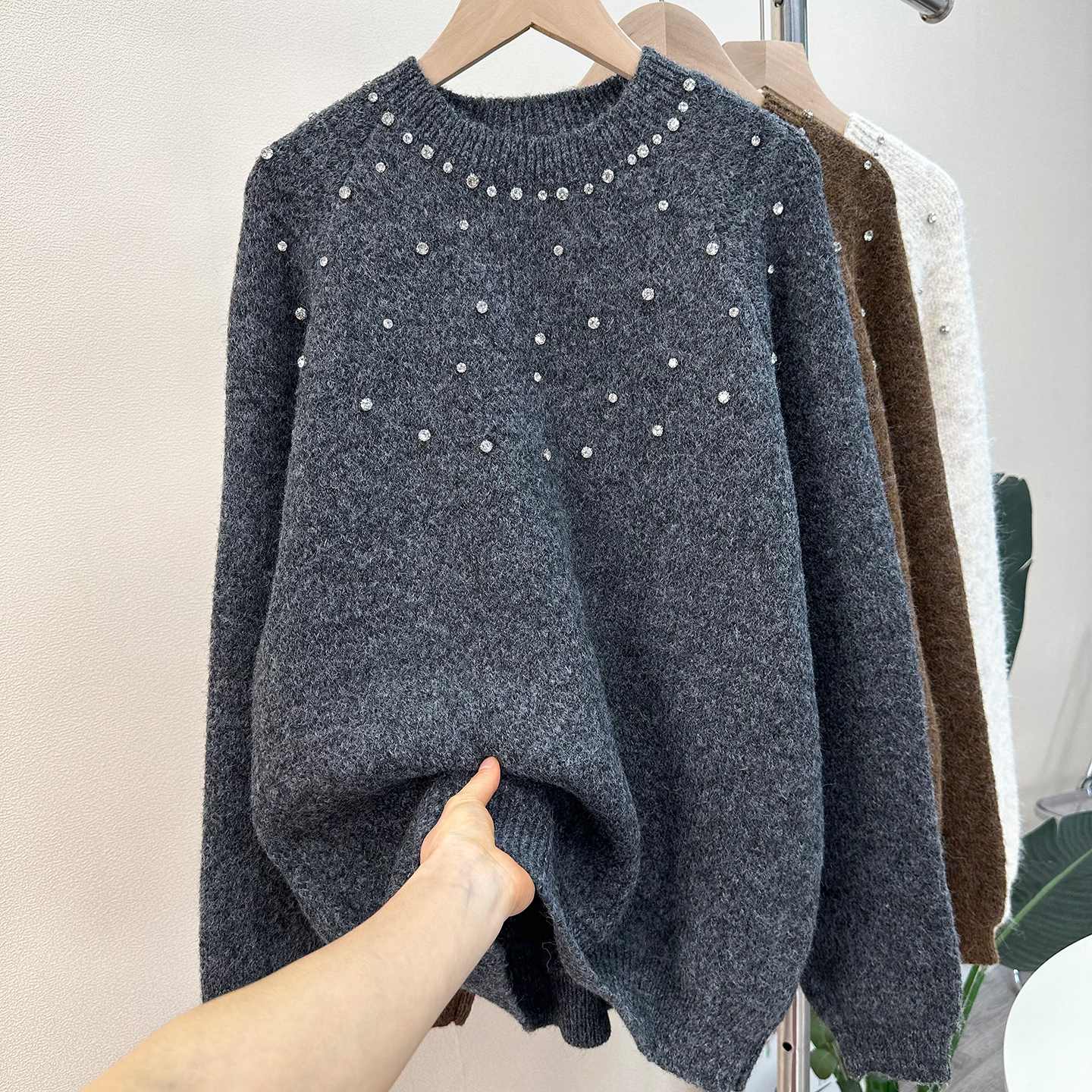 500克~韩系轻奢慵懒加厚烫钻毛衣