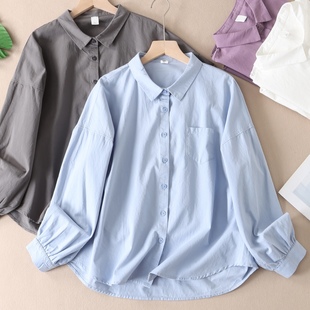 设计感洋气好看后摆褶皱纯棉衬衫休闲文艺翻领宽松女式上衣 W441