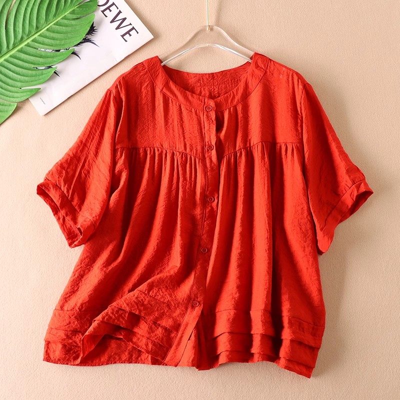 设计感褶皱 时尚显瘦简约大气 圆领百搭夏新丝麻短袖衬衫女 D194,女装/女士精品,衬衫,淘宝优惠券,粉丝福利购,淘宝优惠卷