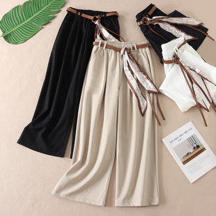 松弛休闲直筒长裤 女秋新宽松时尚 W563 韩系高腰显瘦阔腿裤 送腰带