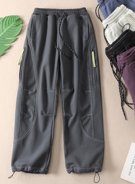 户外防风保暖加绒登山冲锋裤男女直筒工装束脚软壳休闲长裤冬3297