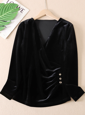 设计感小香风洋气交叉显瘦金丝绒衬衫女遮肚褶皱V领气质上衣 W499