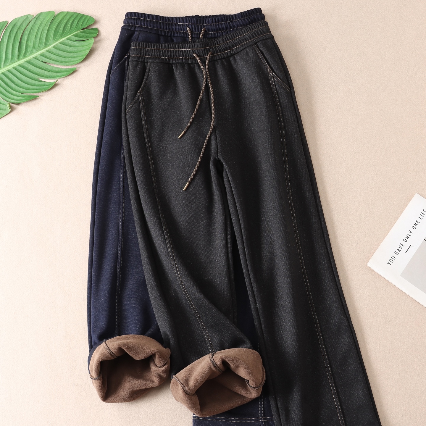 650克仿牛仔加绒直筒休闲长裤