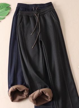 650克~一条过冬加厚绒仿牛仔休闲裤女冬高腰显瘦窄版直筒长裤W320