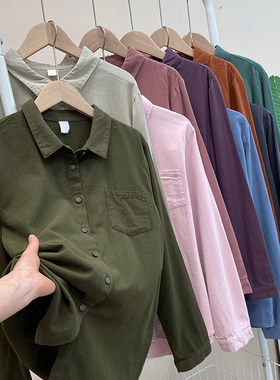 百搭纯色柔软水洗纯棉衬衫女宽松小翻领长袖通勤打底衬衣薄 B236