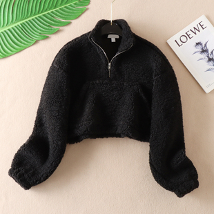 外套 立领套头卫衣绒衫 WD419 休闲运动风短款 敲柔软仿羊羔毛冬美式