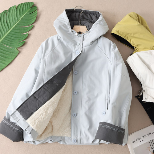 加厚长毛绒文艺连帽棉服外套