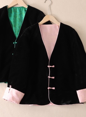 双面穿~贵气丝绒新中式国风外套女2025秋季花萝鎏金长袖上衣 W451