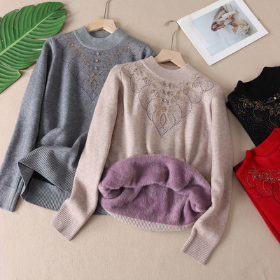 洋气烫钻一体绒加厚毛衣套头打底