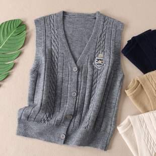 学院风V领刺绣针织马甲女2025秋新百搭显瘦无袖 毛衣背心上衣WA121