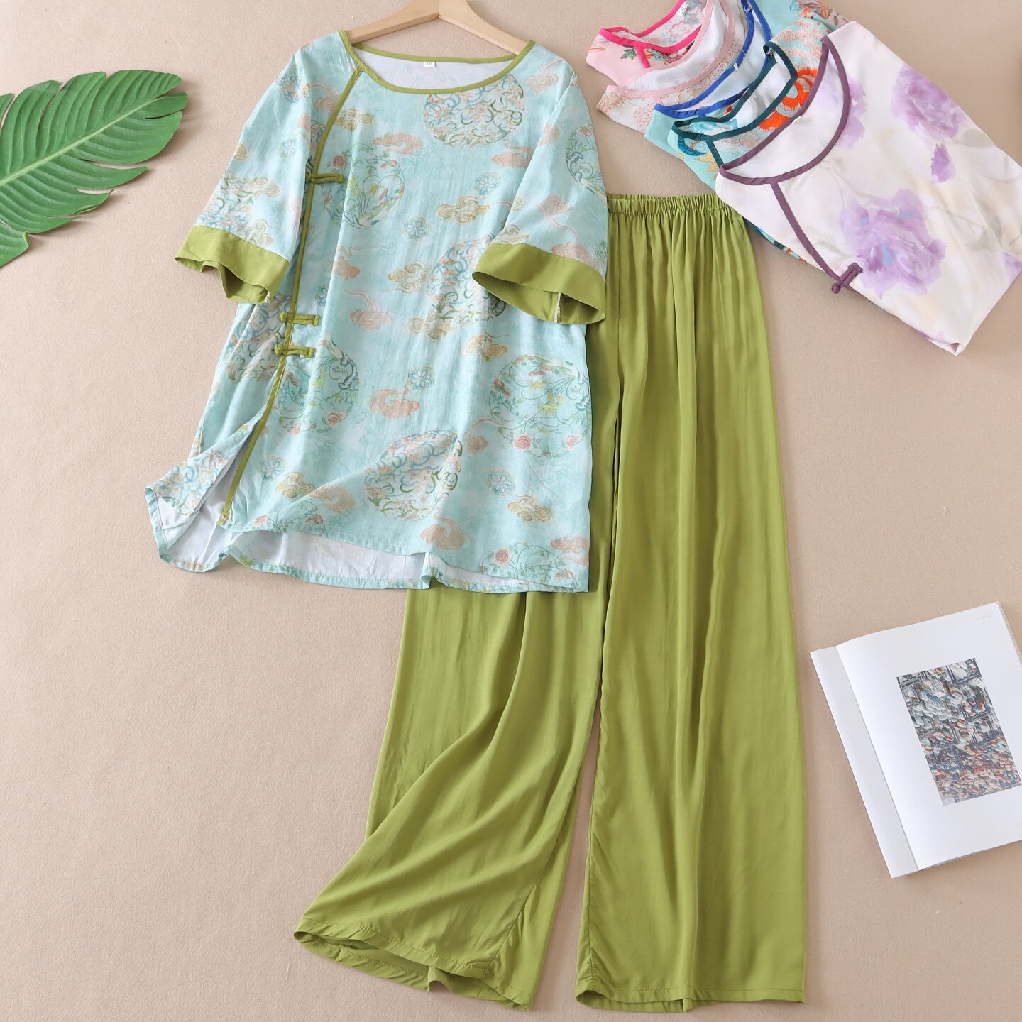 洋气新中式绵绸中长款睡衣套装女夏吸汗国风印花可外穿家居服W22