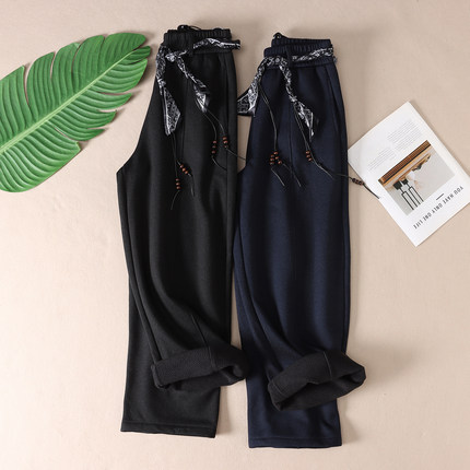 710克~韩系配腰带加厚绒保暖显瘦阔腿裤女冬新休闲弯刀长裤子 W26