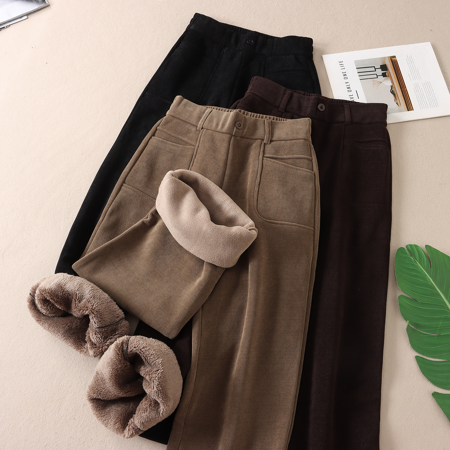 优雅气质加绒加厚窄版直筒休闲裤