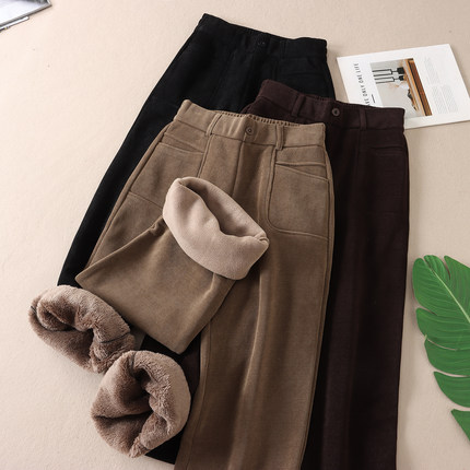 690克 优雅气质窄版直筒休闲裤女冬加绒加厚高腰显瘦保暖长裤B370