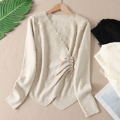 韩系温柔风蕾丝V领捏褶显瘦针织衫 女秋冬设计感串珠修身 毛衣WA481