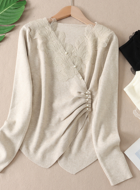 韩系温柔风蕾丝V领捏褶显瘦针织衫女秋冬设计感串珠修身毛衣WA481