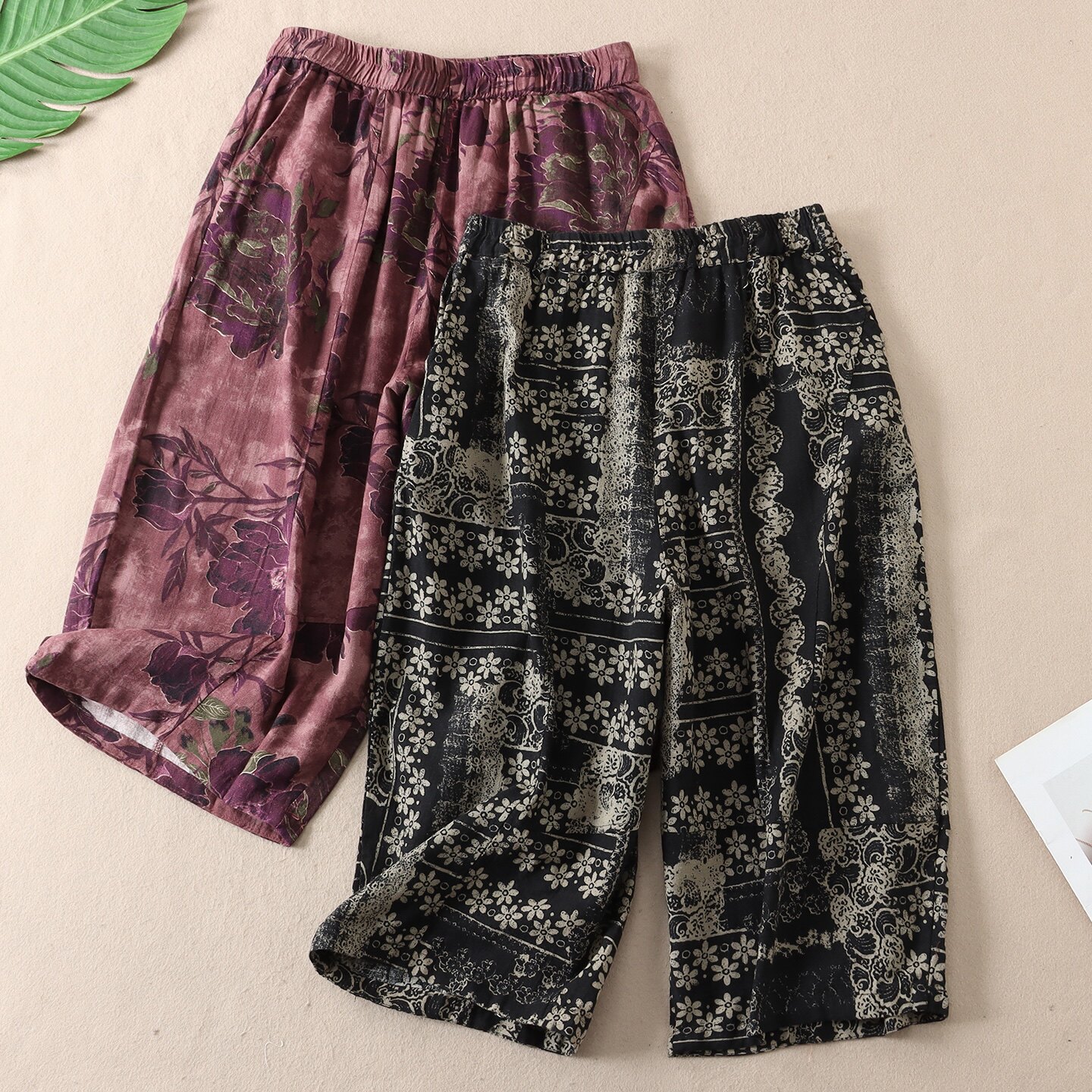 复古民族风印花棉麻休闲裤女春夏透气亲肤高腰显瘦阔腿九分裤 W27