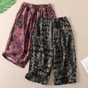 复古民族风印花棉麻休闲裤 W27 女春夏透气亲肤高腰显瘦阔腿九分裤