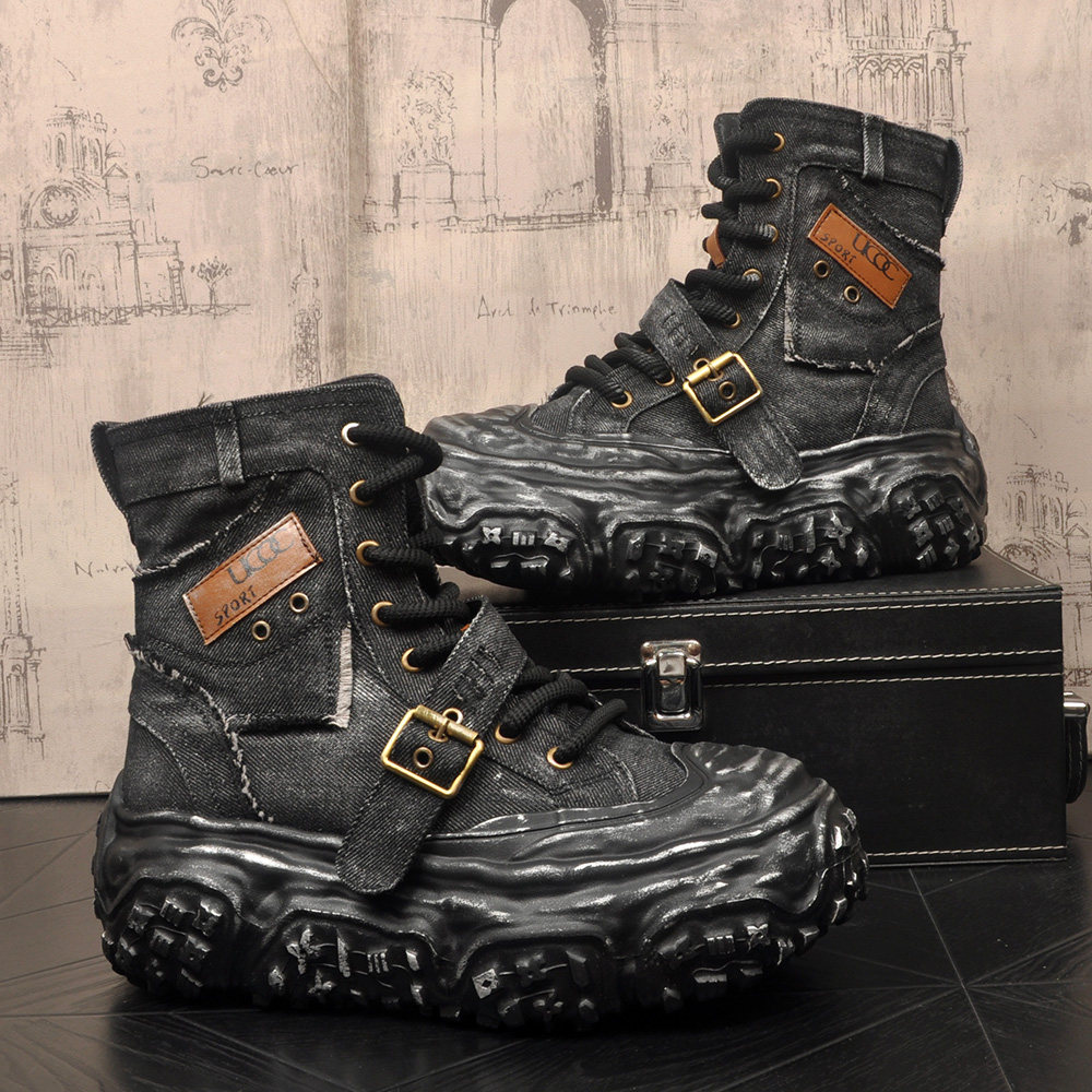 2026新款复古潮流男士厚底增高休闲鞋春秋高帮保暖布面牛仔靴潮鞋