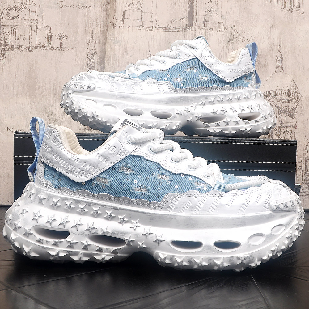 老爹鞋男厚底帆布夏季透气内增高小白鞋原创亮片轻质休闲运动鞋子