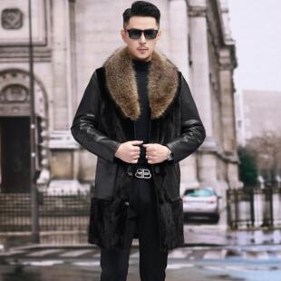 海宁皮毛一体整水貂山羊皮真皮衣男中长款貉子毛领鹅绒内胆派克服