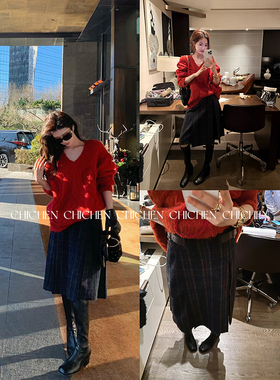 CHICHEN-粗花呢羊毛混纺秋冬通勤格纹半裙