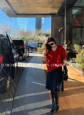 CHICHEN-650G温柔氛围感V领针织毛衣