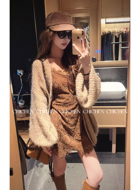 CHICHEN晨妍 咖棕法式蕾丝吊带连衣裙女轻奢高级感新款秋季裙子