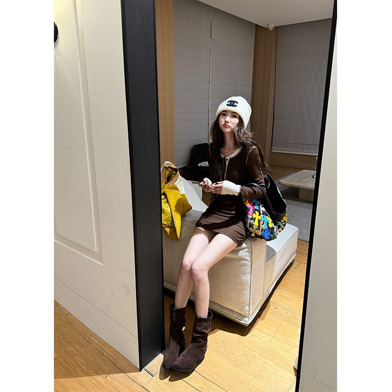 CHICHEN晨妍 Body art 撞色拼接百搭连衣裙女2025新款秋长袖裙子