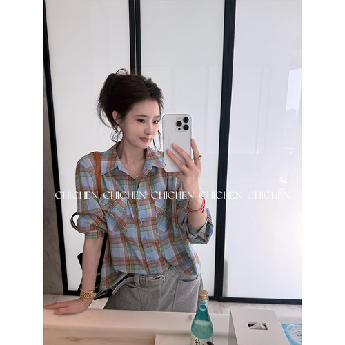 CHICHEN-高智衬衫-吸睛配色~DU家款美式复古格子衬衫上衣