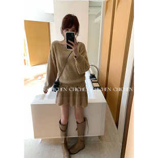 CHICHEN-玻洛尼亚毛衣＋半裙可拆卸时髦针织连衣裙