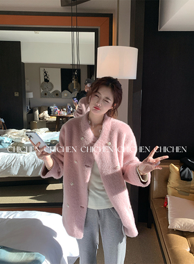 CHICHEN-100羊毛加厚双排扣毛毛外套