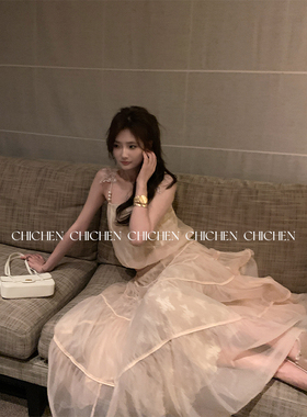 CHICHEN-重工珍珠多层次蕾丝吊带百搭套装