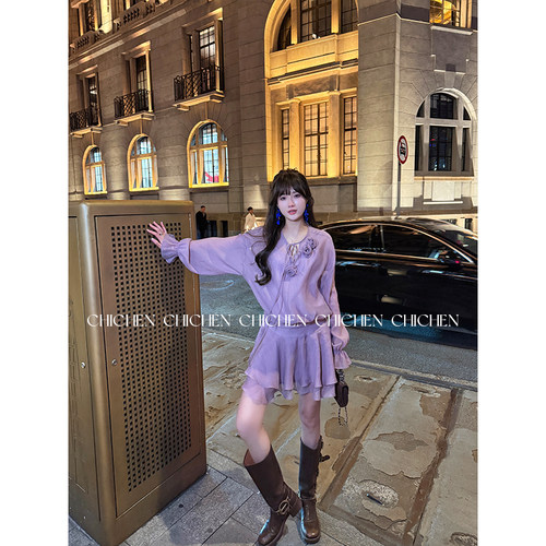 CHICHEN晨妍 紫罗兰花园 紫色褶皱感V领长袖连衣裙女早秋衬衫裙子