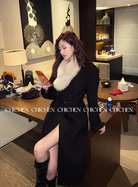 CHICHEN晨妍 赫本大衣 经典100% 高支羊毛奢感黑色大衣女毛呢外套