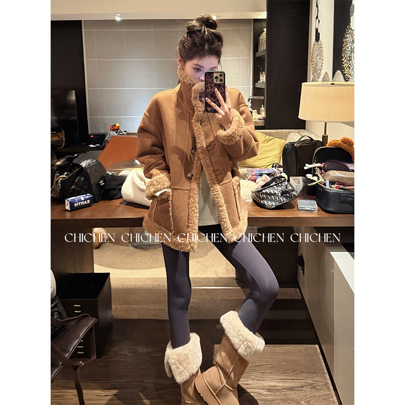 CHICHEN晨妍 城市探险家 环保两面穿麂皮皮毛一体外套女秋冬短款