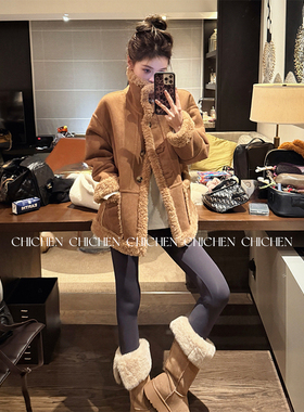 CHICHEN晨妍 城市探险家 环保两面穿麂皮皮毛一体外套女秋冬短款