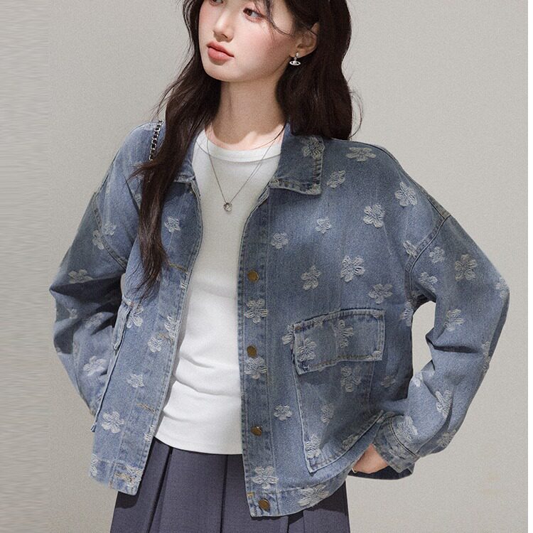 提花刺绣蓝色牛仔短装外套女2025春秋新款复古港风宽松显瘦上衣