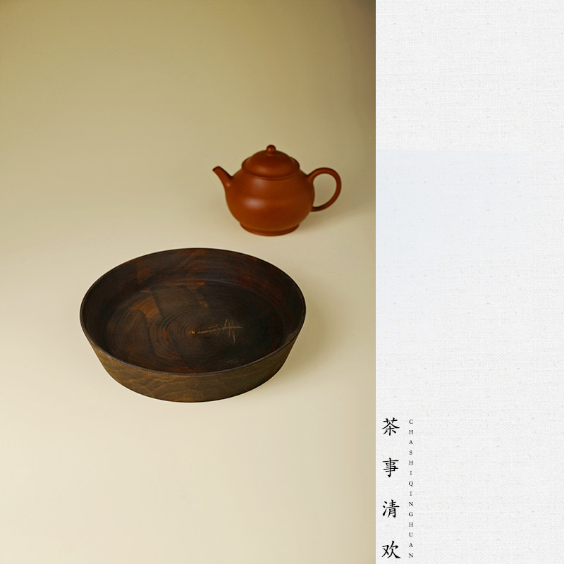 木胎大漆壶承养壶盘纯手工侘寂风干泡台圆形茶盘茶配件茶碗杯托