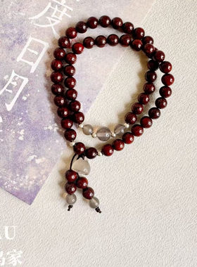 【石桥图】天然血檀檀木文玩手串木质念珠灰玛瑙国风新中式手链女
