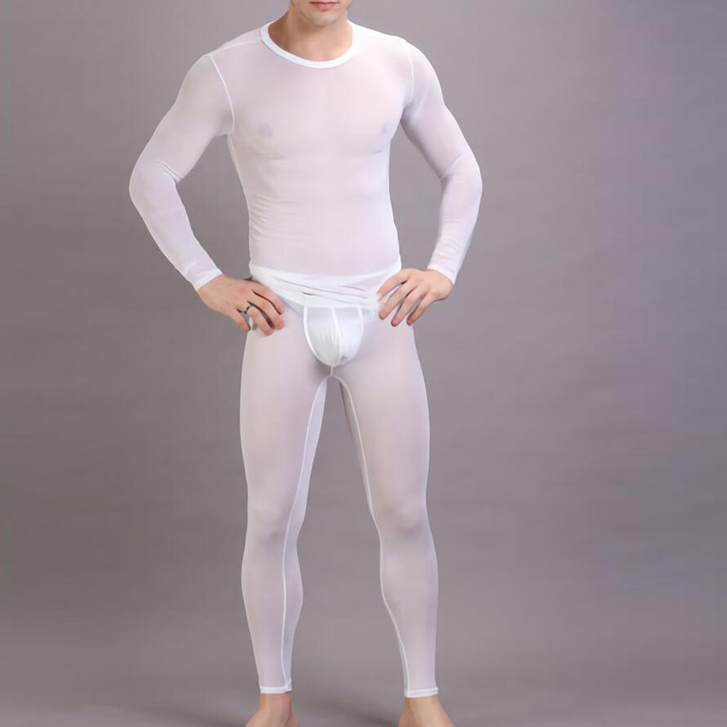 定制男士紧身圆领性感透视网眼长袖内衣套装网纱纯色透明秋衣秋裤