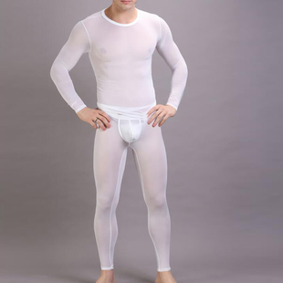 网纱纯色透明秋衣秋裤 内衣套装 紧身圆领性感透视网眼长袖 定制男士