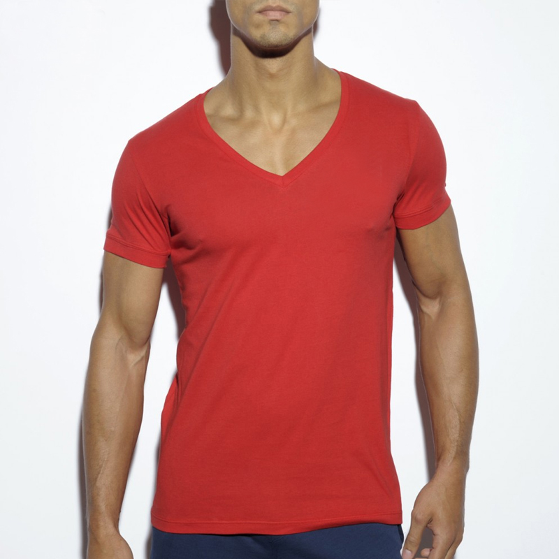 定制夏季男士红色V领短袖T恤纯棉紧身内衣纯色修身本命年打底上衣