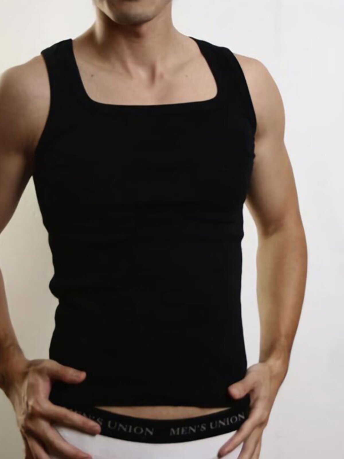 CUSTOM SUMMER MENS BLACK SLIM SQUARE NECK VEST MENS COTTON FITNESS SPORTS SOLID COLOR BASE LAYER TIGHTS